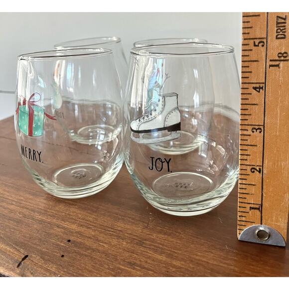 Rae Dunn Set of 4 Christmas Holiday  Stemless Wine Glasses Frosy Joy Merry - Picture 7 of 10